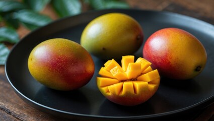 Poster - Mangoes arranged on a black plate with one sliced into cubes showcasing vibrant yellow flesh and red-green skin