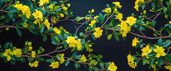 Poster - Yellow flowering branches with green leaves against a dark background capturing vibrant floral elements in nature.
