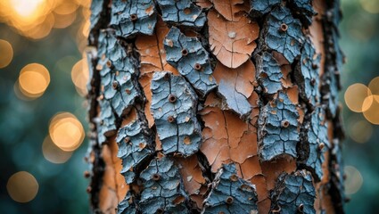 Poster - Close-up of textured tree bark with orange and blue hues illuminated by soft outdoor lighting bokeh background