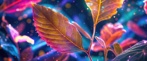 Poster - colorful leaves with droplets against a blurred background of vibrant bokeh lights in a magical atmo
