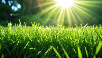 Poster - Close-up view of green grass with sunlight rays shining through creating a natural and vibrant outdoor atmosphere
