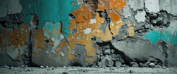 Wall Mural - Textured wall with peeling paint in orange and turquoise colors revealing rough concrete surface and rubble on the floor