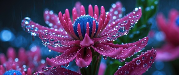 Poster - Close-up of vibrant pink flower with blue center covered in water droplets against a dark background with soft bokeh effect