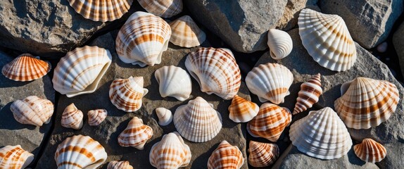 Poster - Variety of seashells with striped patterns arranged on textured stones in natural outdoor setting