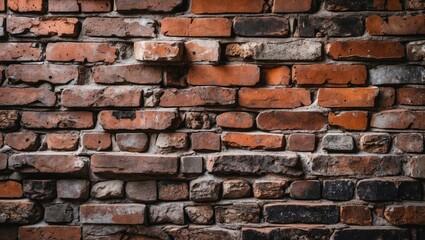 Poster - Textured red brick wall with varied sizes and colors of bricks showing weathered and worn appearance