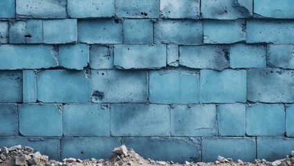 Poster - Blue concrete block wall background with visible mortar joints and some surface imperfections, suitable for various design applications.