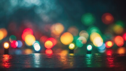 Poster - Colorful blurred bokeh lights background with various shapes and reflections on surface for festive or celebration themes