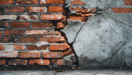 Poster - Cracked wall with exposed red bricks and damaged concrete surface background in urban setting