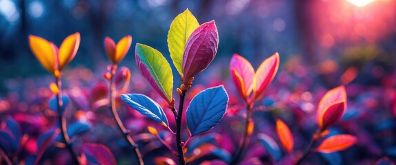 Wall Mural - Colorful foliage with vibrant green and purple leaves under soft sunlight in a natural forest setting.