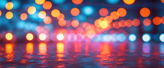 Poster - abstract blurred background with colorful bokeh lights in orange blue and white reflections on a wet