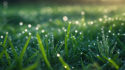 Poster - Close-up of dew drops on green grass blades with soft bokeh effect in natural morning light.