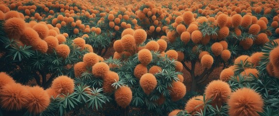Poster - Vibrant landscape filled with orange fluffy spherical plants among green foliage under soft natural light