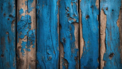 Poster - Weathered blue wooden planks with peeling paint and visible grain patterns on a textured rustic surface