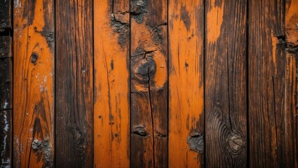 Poster - Textured rustic wooden surface with orange and brown hues exhibiting natural wear and imperfections
