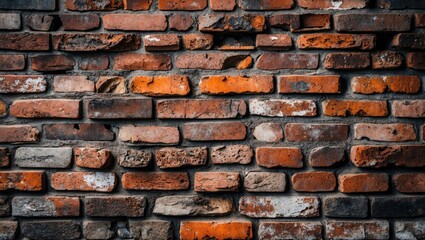 Poster - Textured brick wall with a mixture of red and gray bricks showing wear and weathering details in a vertical orientation.