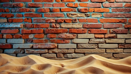Poster - Bricks wall background with sandy desert surface texture in foreground under soft lighting conditions