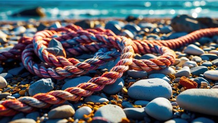 Poster - Colorful twisted rope resting on pebbled beach with ocean waves in background under bright sunlight