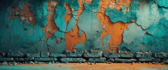 Poster - textured wall with peeling paint in shades of turquoise and orange against a stone base, grunge and 