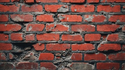 Poster - Red brick wall with aged texture, uneven surface and visible mortar between bricks, creating a rustic industrial background.