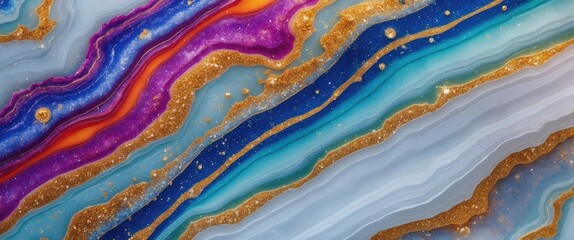 Poster - Abstract textured layers of colorful agate stone featuring vibrant purple, blue, gold, and orange hues with glittering details