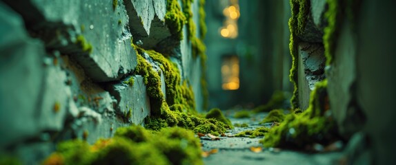 Poster - Moss covered stone pathway in low light with blurred background creating an atmospheric natural scene