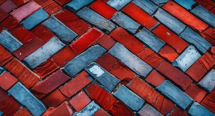 Poster - Red and blue brick patterned flooring with a diagonal layout showcasing texture and color variations