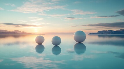 Poster - Three white spheres are reflected on a body of calm water