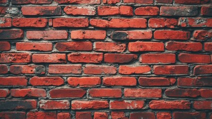 Poster - Red brick wall texture background with uneven surfaces and mortar gaps in urban architecture setting.