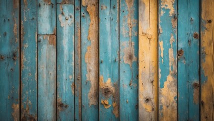 Poster - Weathered wooden planks in blue and yellow colors with rustic texture and peeling paint for background or texture use