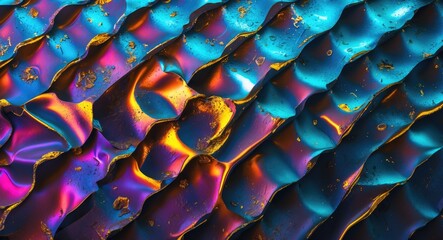 Poster - Colorful metallic surface texture with blue and orange iridescent waves and scratches. High-resolution abstract background of shimmering materials.