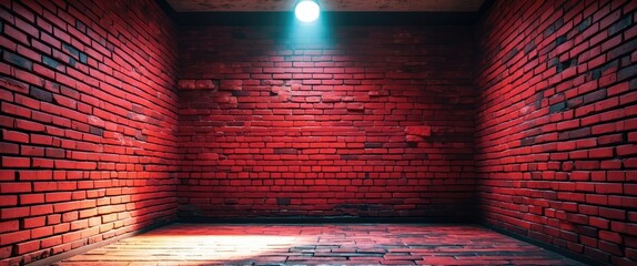 Poster - Interior of a minimalistic room with red brick walls and a spotlight illuminating the floor against a dark background