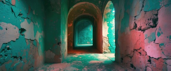Poster - colorful abandoned corridor with peeling walls and arched doorways illuminated in turquoise and pink