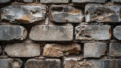 Poster - Textured stone wall composed of rough, uneven bricks in various shades of gray and brown with visible imperfections and natural weathering.