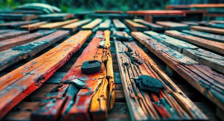Poster - Rustic weathered wooden planks with vibrant colors and texture arranged in a layered pattern outdoors