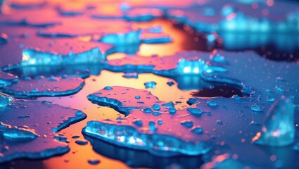 Poster - abstract close-up of melting ice pieces with water droplets on reflective surface illuminated by col
