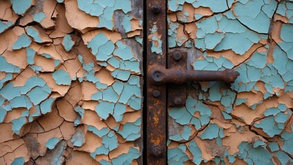 Poster - Rusty latch on a weathered door with peeling blue and brown paint texture background