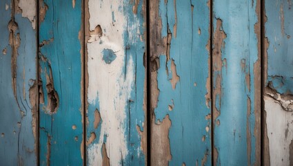 Poster - weathered blue and white wooden planks with peeling paint texture background