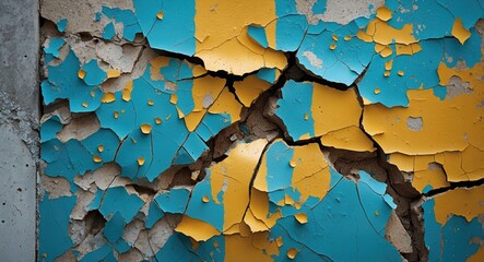 Poster - cracked and peeling wall texture with blue and yellow paint layers revealing gray cement underneath