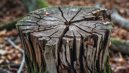 Poster - Detailed close-up view of a weathered tree stump with cracks and rough texture in a natural forest setting with blurred background.