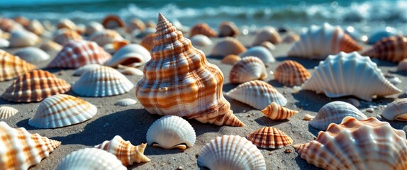 Poster - Close-up of various seashells on sandy beach with ocean waves in the background during daylight. Textures and colors of shells are visible.
