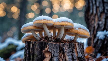 Poster - Mushrooms with snowy caps growing on a tree stump in a forest with blurred golden bokeh background in winter conditions