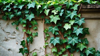 Poster - green ivy leaves climbing on a textured stone wall with visible vines creating a natural background 