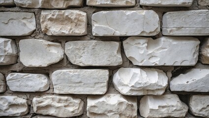 Poster - White stone wall texture with unevenly shaped bricks in various shades and sizes arranged in a rustic pattern.
