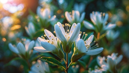 Poster - White flowers blooming in soft sunlight with a blurred green background in a garden setting.