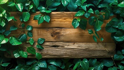 Poster - Wooden backdrop surrounded by lush green leaves in a natural setting for decorative or organic themes.