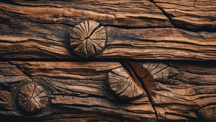 Poster - Close-up view of weathered wooden planks with round wooden bolts and visible texture and grain patterns in natural colors