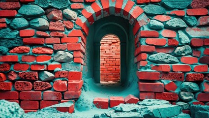 Poster - Architectural detail of an arched doorway in a weathered brick wall with colorful bricks and stones creating a textured background