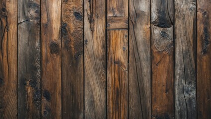 Poster - Wooden wall background with weathered planks in various shades of brown and textured surface for rustic and natural design concepts