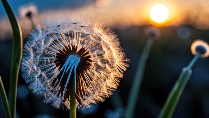 Poster - Close-up of dandelion seed head illuminated by sunset against a blurred natural background in soft focus detail