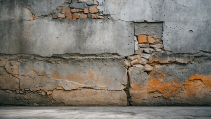 Poster - textured weathered concrete wall with cracks and exposed stones in an urban setting.